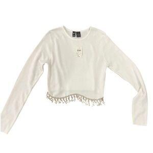 NWT Windsor White Rhinestone Fringe Long Sleeve Crop Sweater Top Medium M